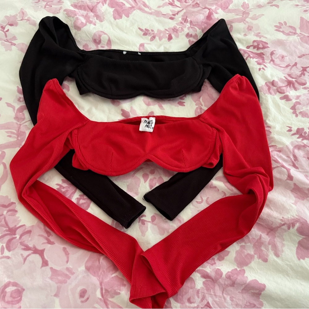 Princess Polly Becca Red and Black Long Sleeve Crop Tops